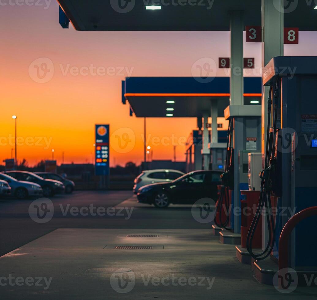 Gas station at sunset with cars filling up with petrol. For energy, travel, infrastructure, climate change and modern technology. photo