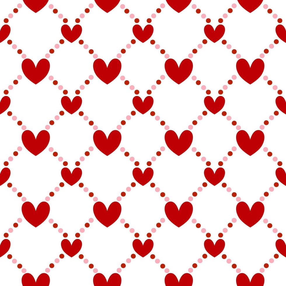 A romantic repeating pattern of red hearts connected by dotted lines on a white background vector