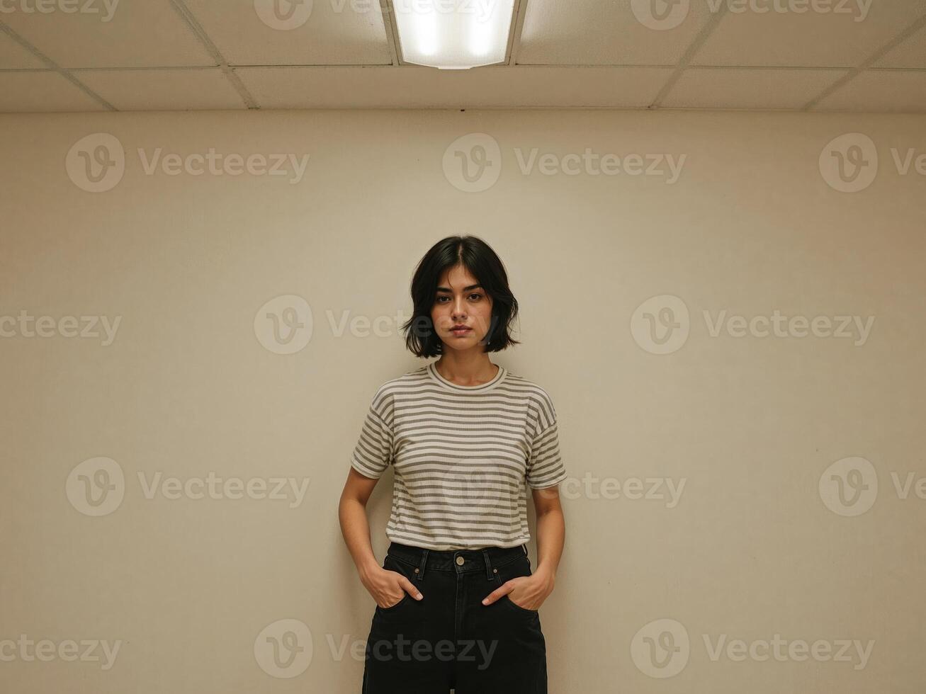 A woman standing in front of a wall photo