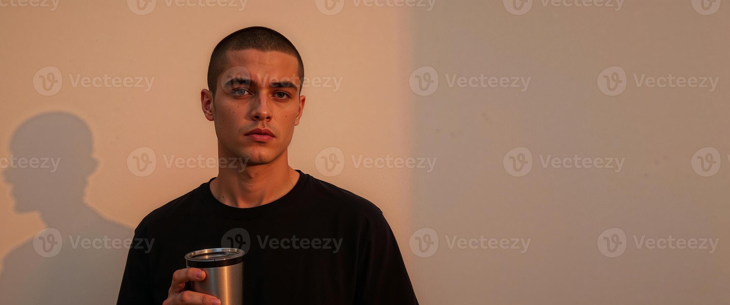 A man holding a cup in front of a wall photo