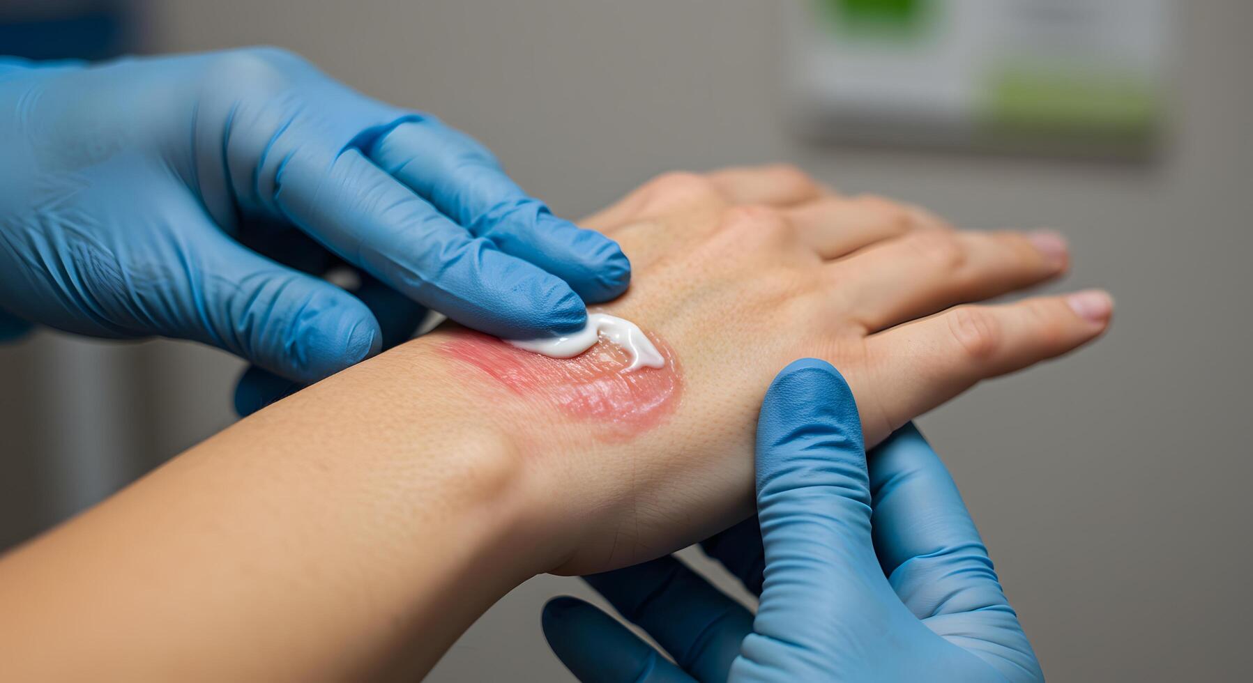 Injured Hand with Medical Bandage in Clean Clinic Environment photo
