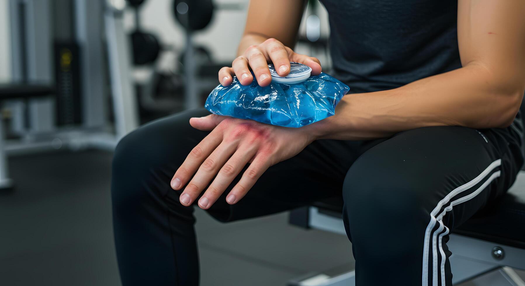 Sports Injury on Hand Treated with Ice Pack in Gym Setting photo