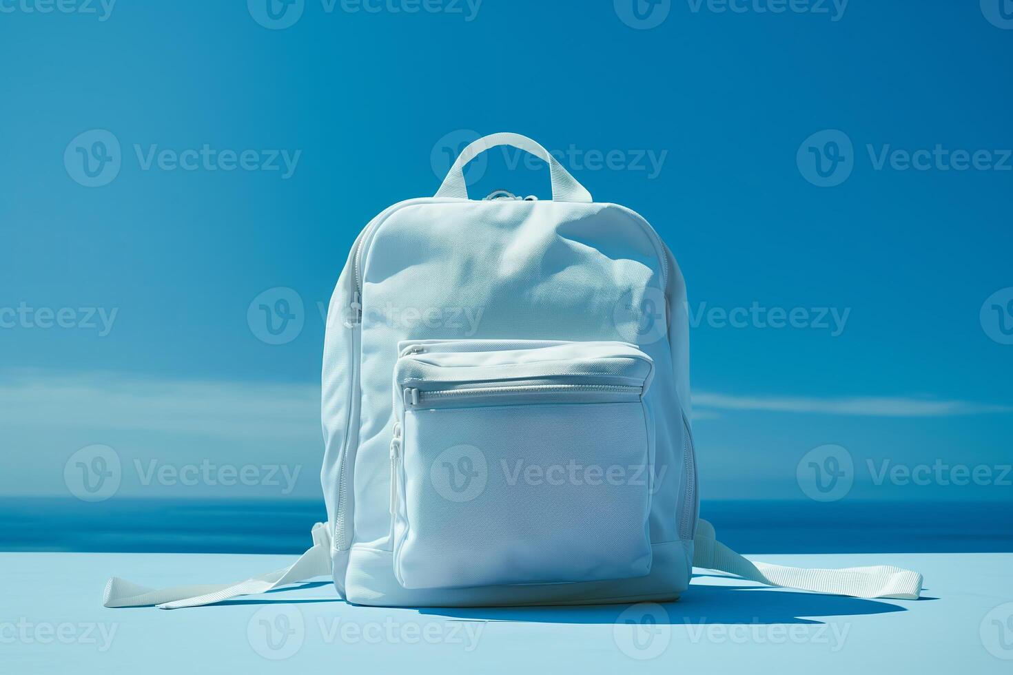 White backpack on a sky background. Back to school concept. Copy space. photo