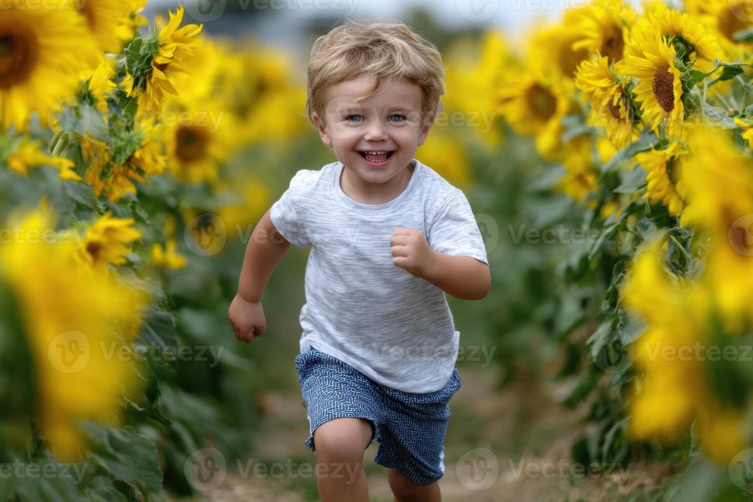 Young boy joyfully runs through vibrant sunflower field during s photo