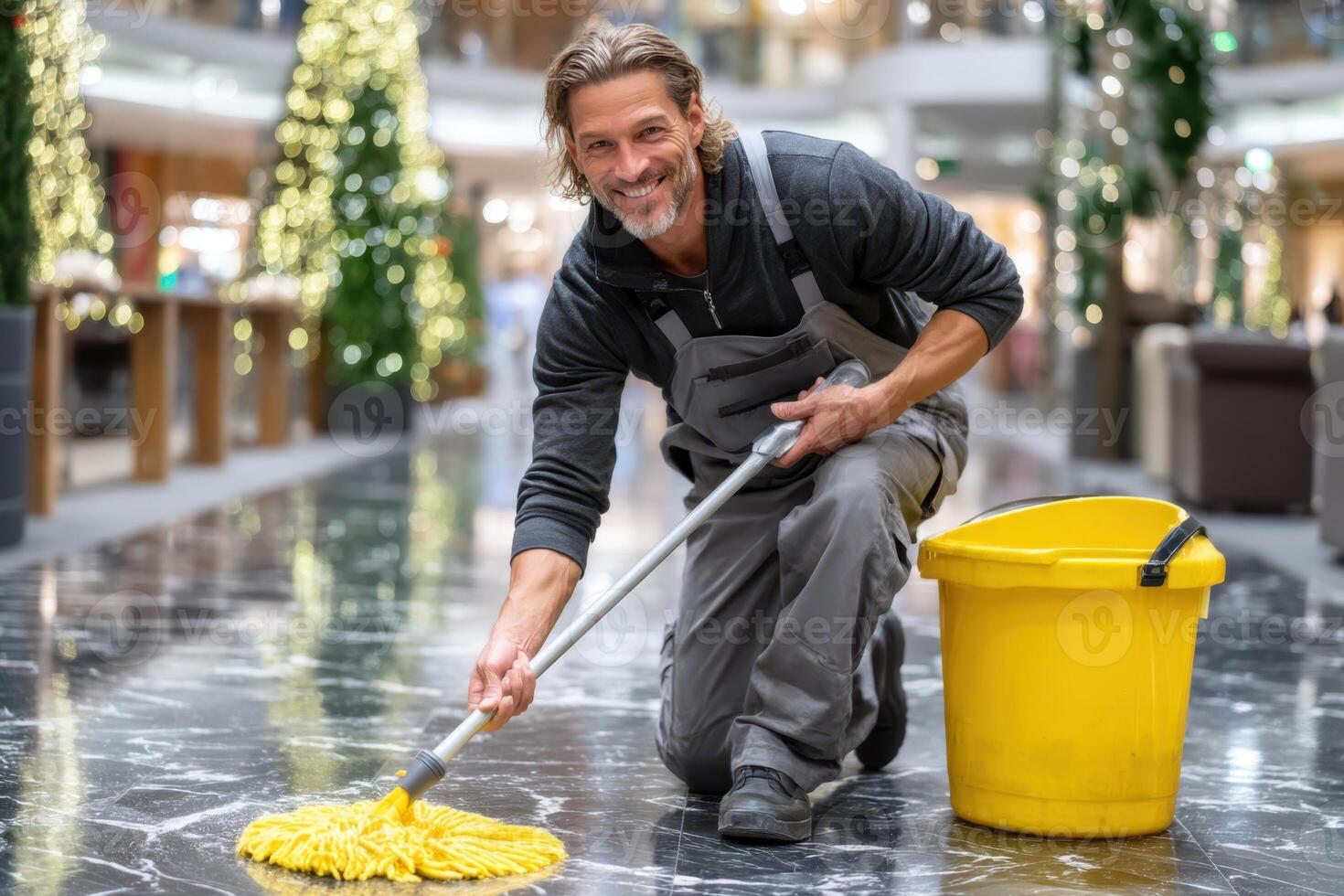 Man cleaning a shopping mall floor with a mop and bucket during photo