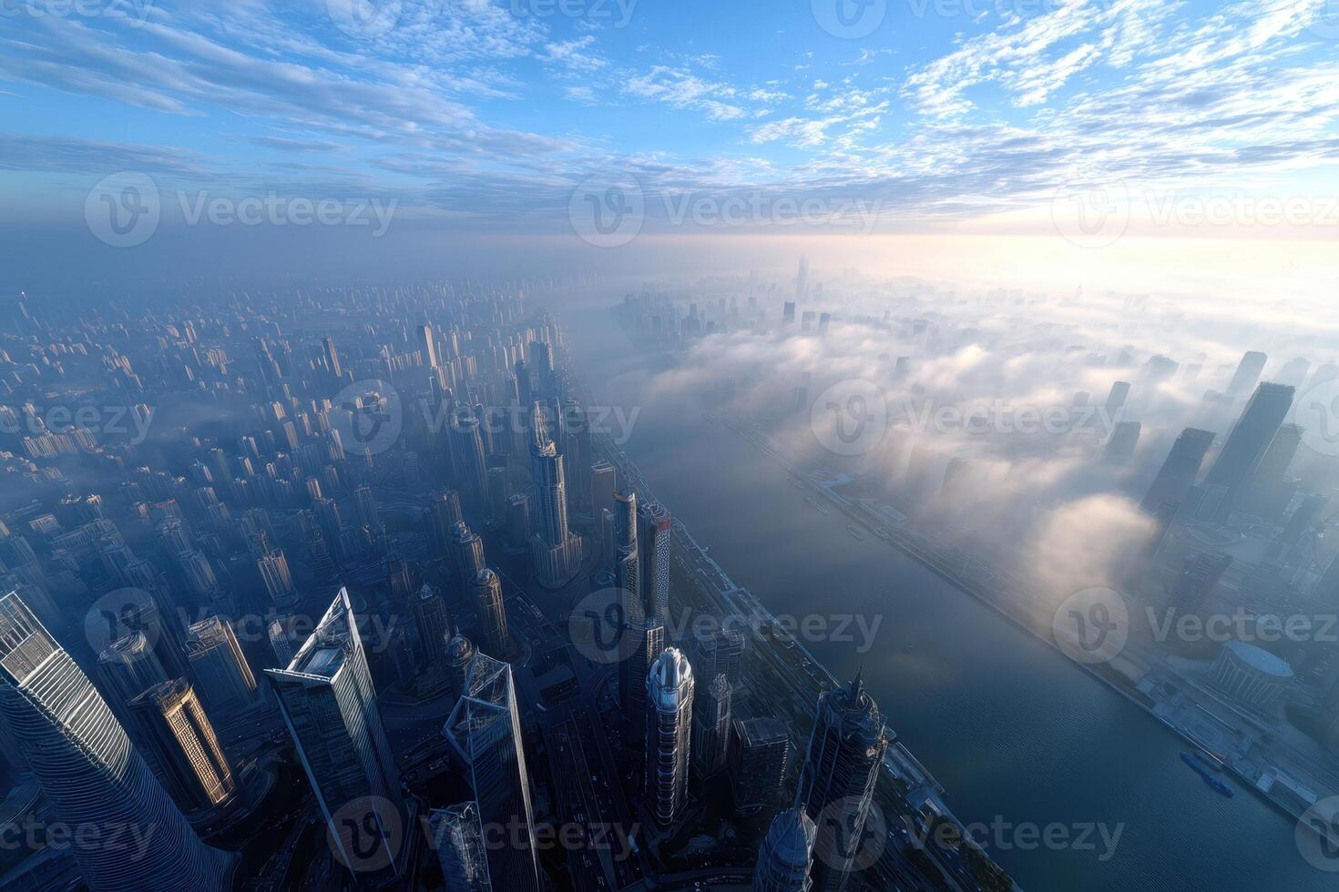 City skyline view over water with fog in the early morning light photo