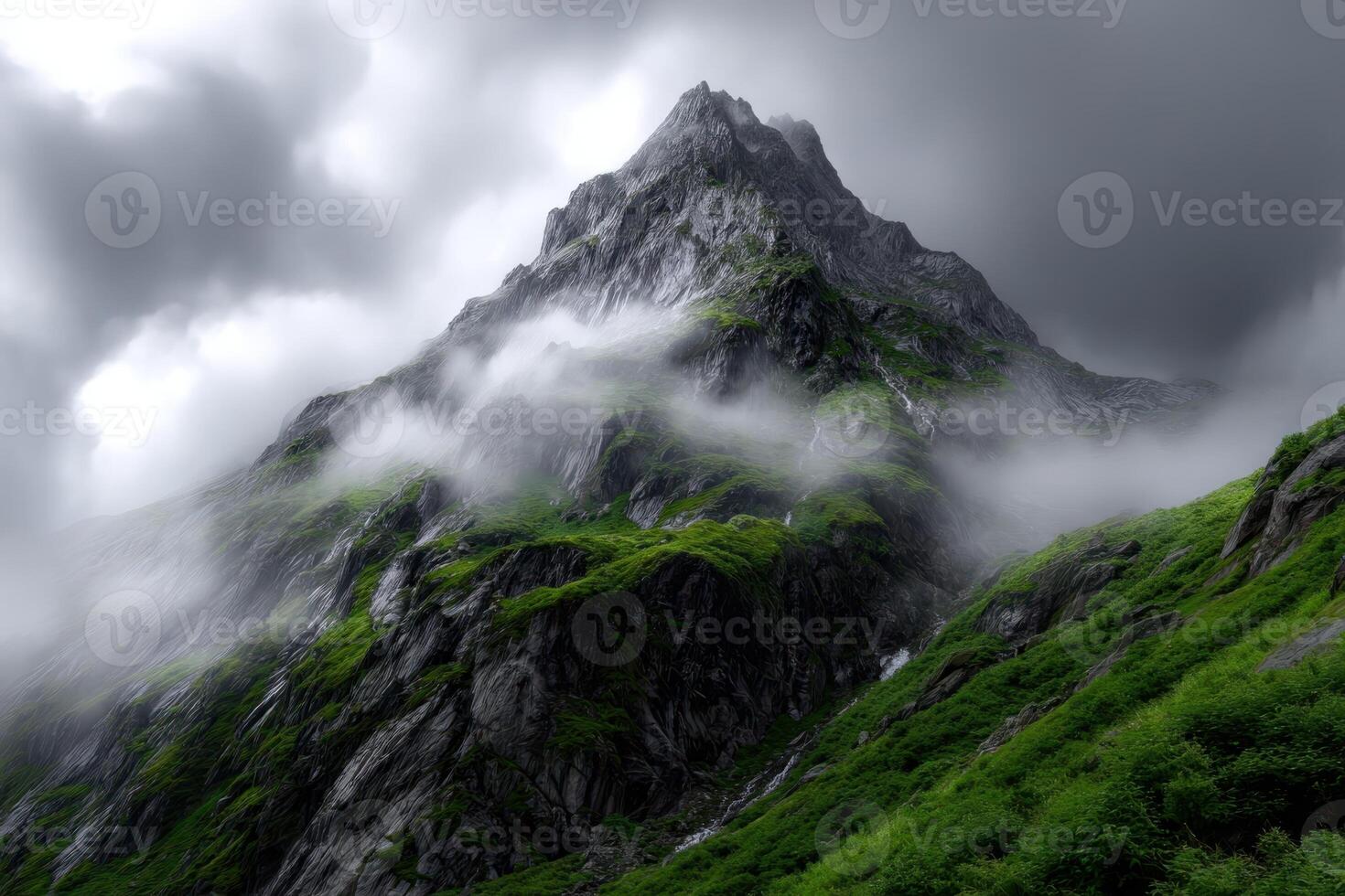 Mountain peak surrounded by lush greenery photo