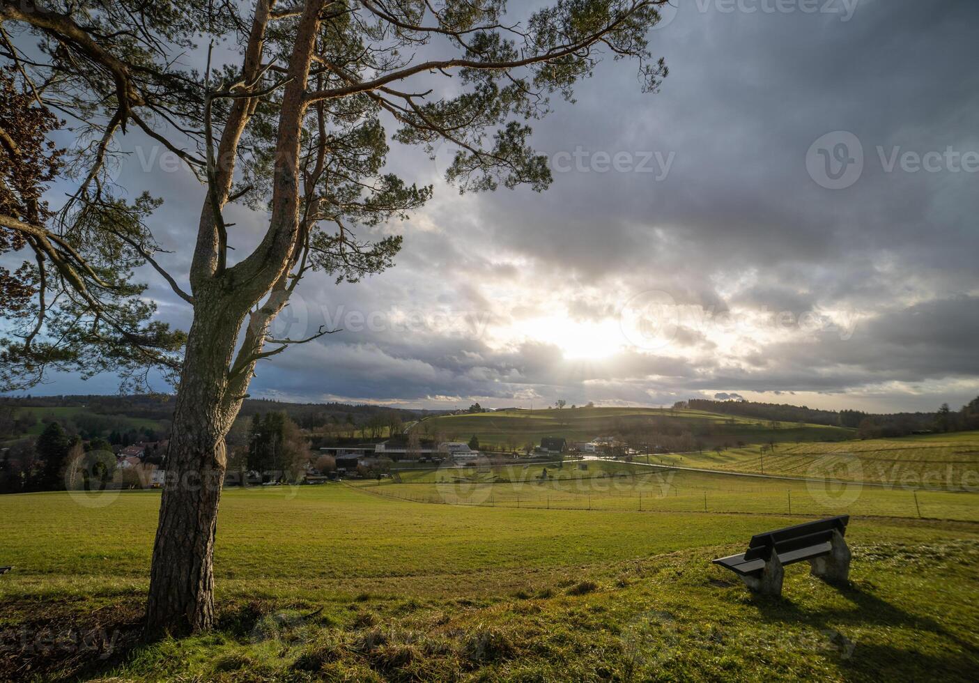 Bench on a hill near a village in sunlight photo