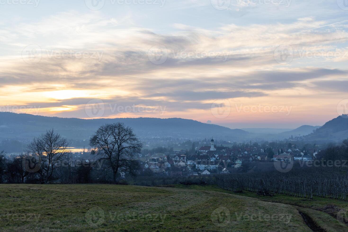 Village near the river Rhine in the evening mistEvening mist village by Rhine river photo
