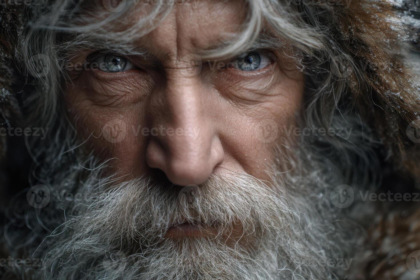 Elderly man with piercing blue eyes and a thick beard wearing fu photo