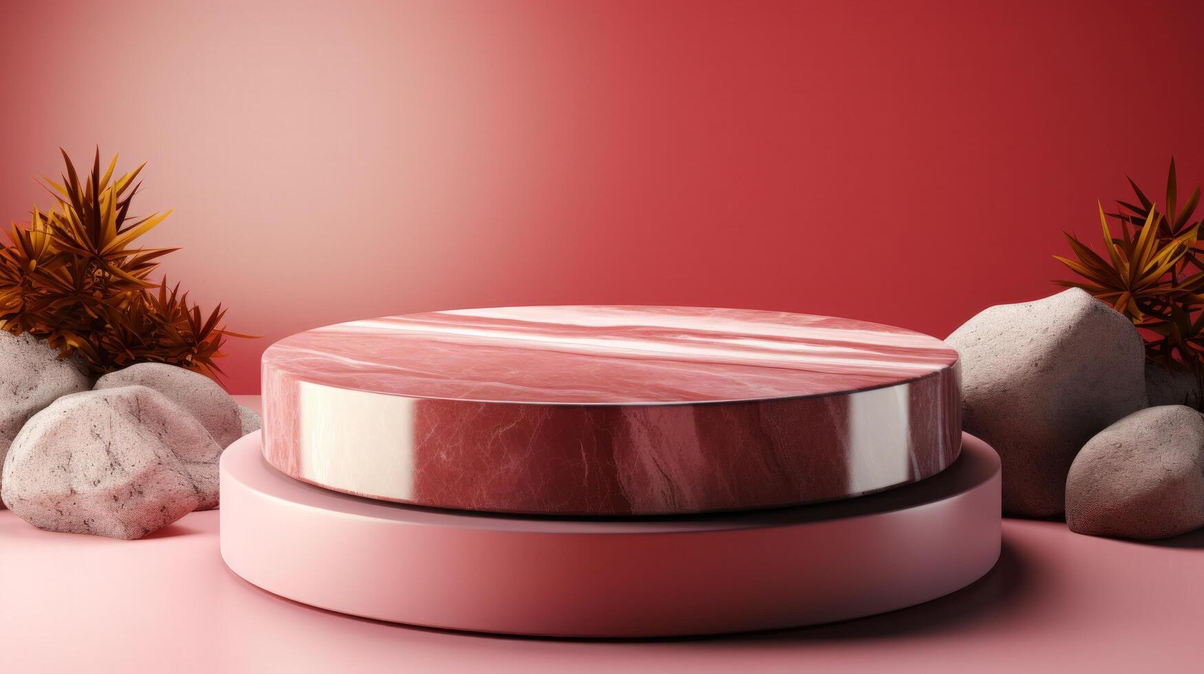 Minimal pink marble pedestal with tropical plants and natural stones ideal for luxury product display, cosmetics branding, or elegant mockup presentation scenes photo