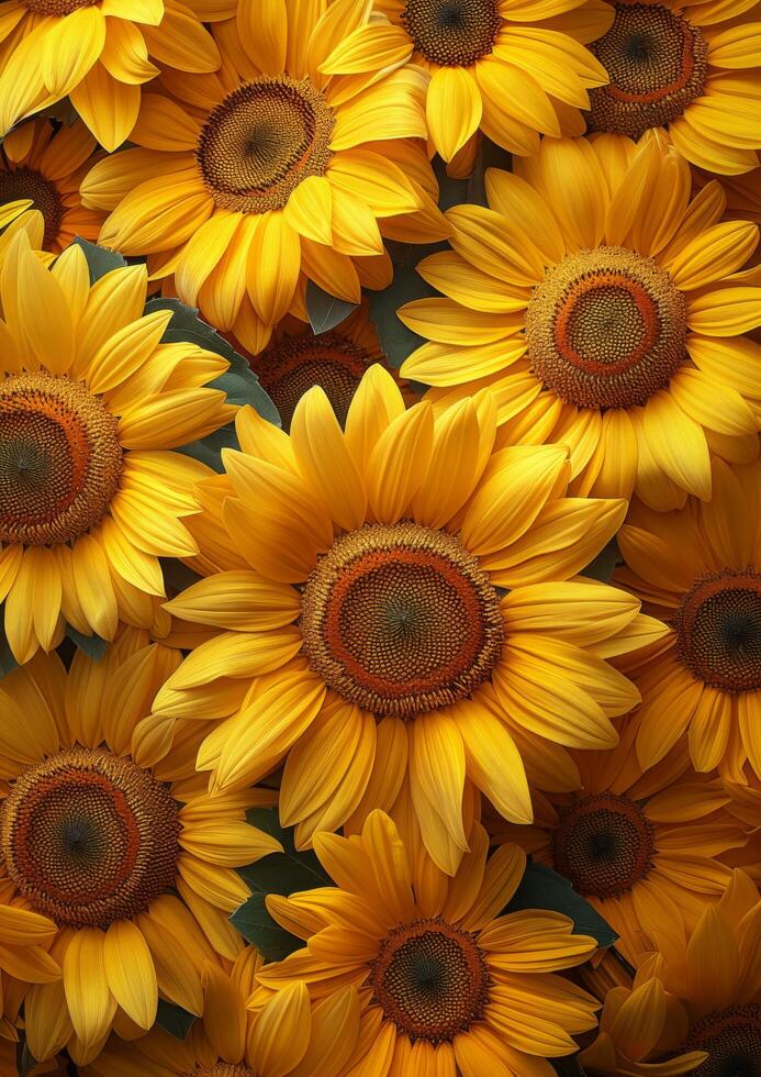 Bright sunflowers bloom with vibrant yellow petals and lush green leaves, creating a warm floral pattern perfect for seasonal themes and garden lifestyle visuals photo