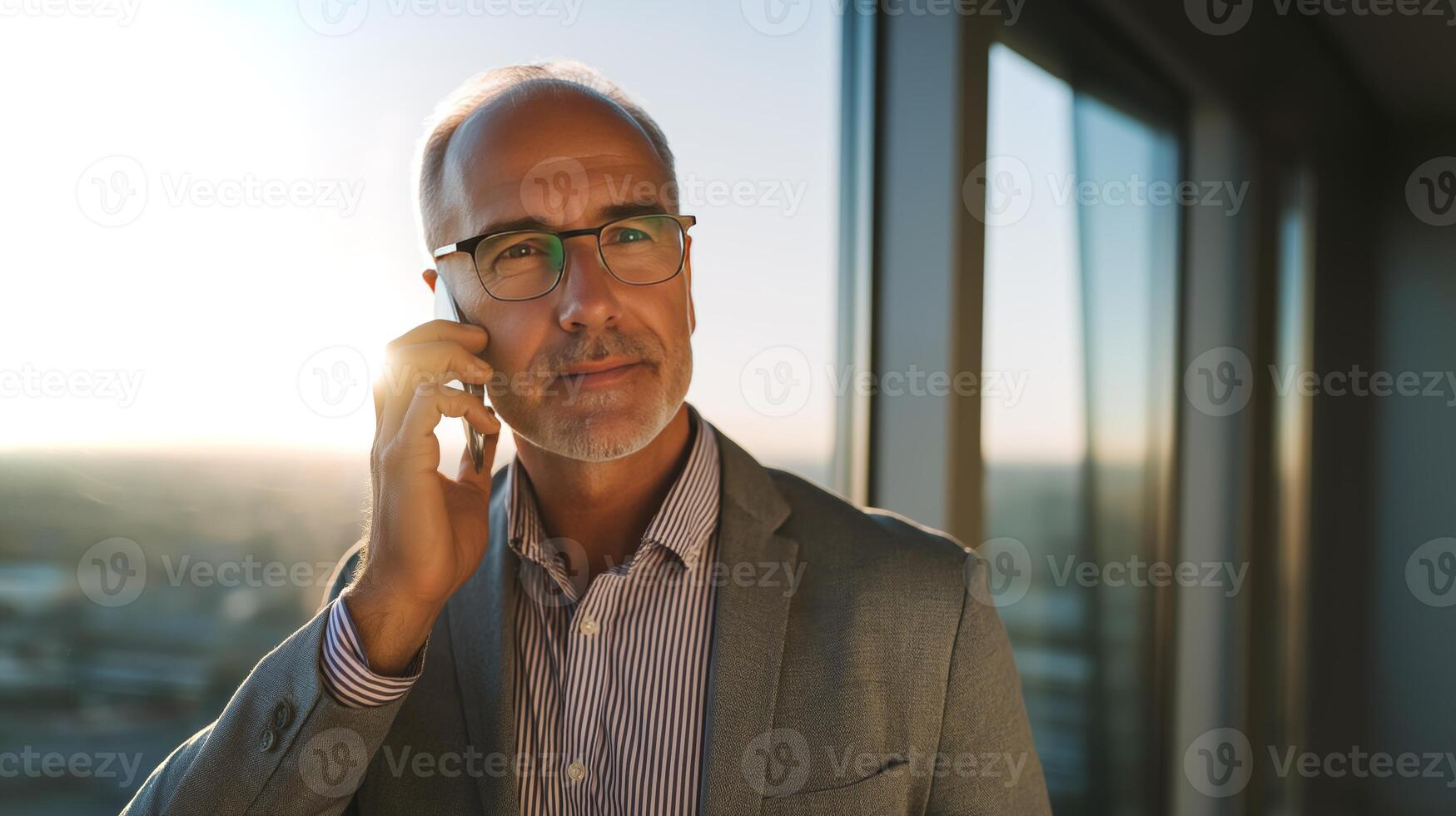 A well-dressed man engages in a phone call while standing near a large window, showcasing a sunset city skyline in the background. photo