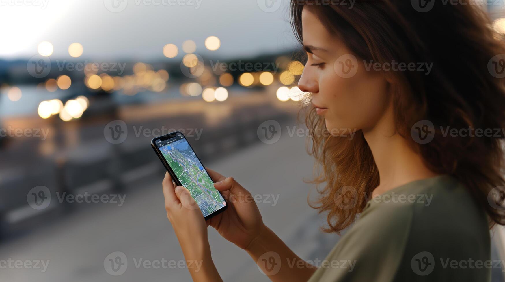 City lights glow in the evening as a young woman focuses on her smartphone screen for navigation, enjoying her surroundings along the urban street. photo