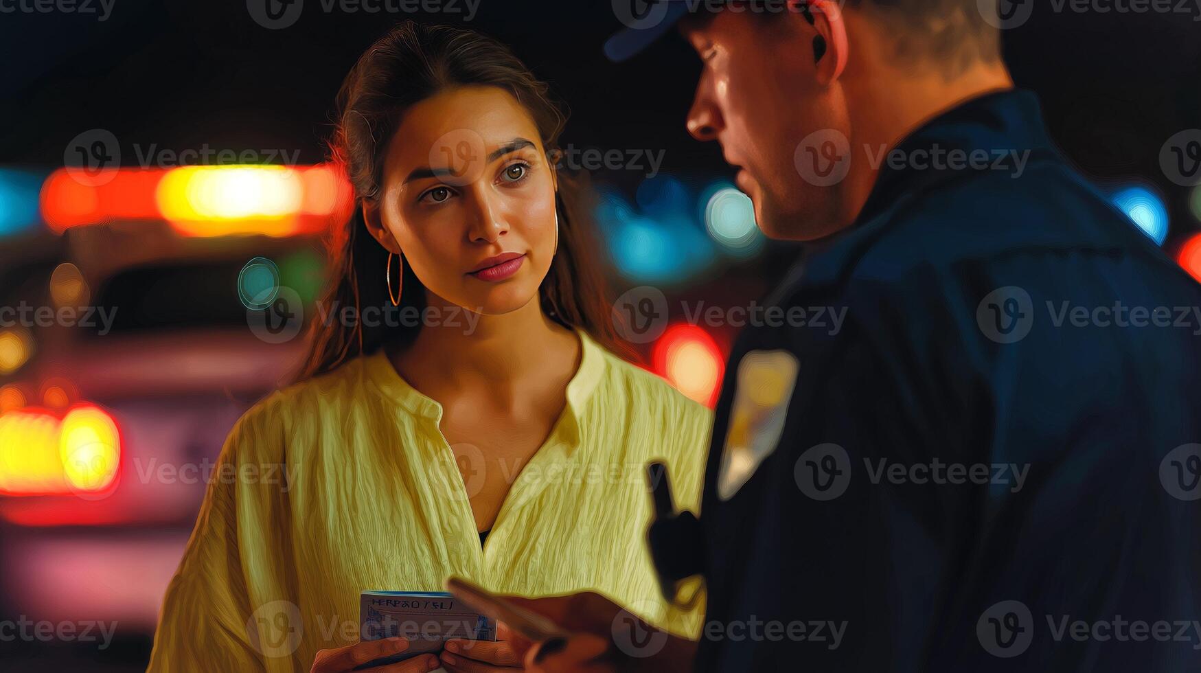 A young woman in a yellow top speaks with a police officer at night, showing her identification while city lights illuminate the background. photo