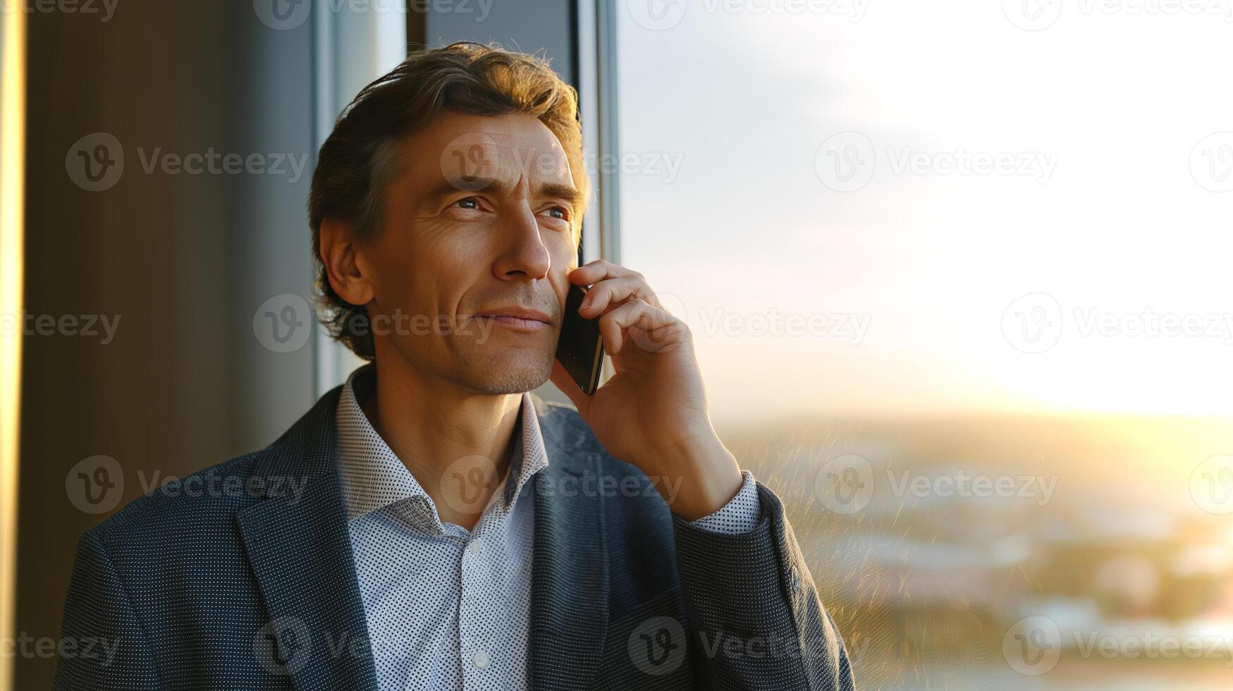 A businessman in a suit talks on the phone, looking thoughtfully out the window. The warm sunset casts a golden glow over the cityscape behind him. photo