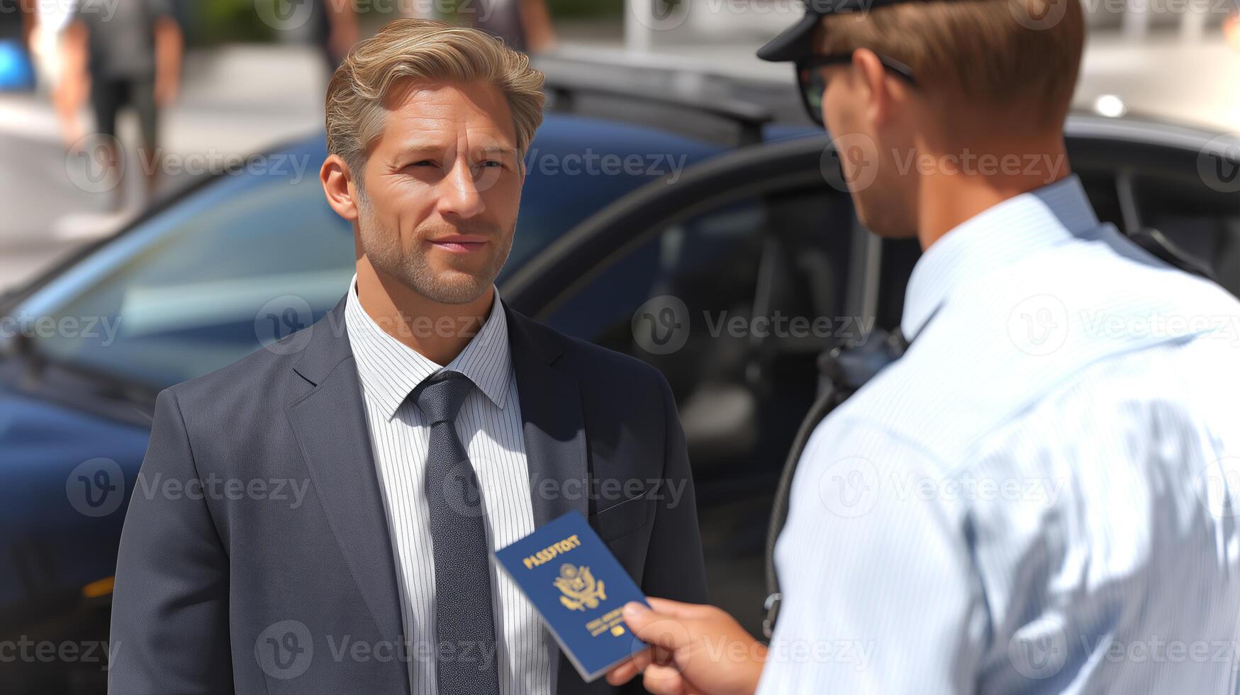 A man dressed in a suit presents his passport to a security officer at a busy airport checkpoint. Travelers move in the background during the afternoon. photo