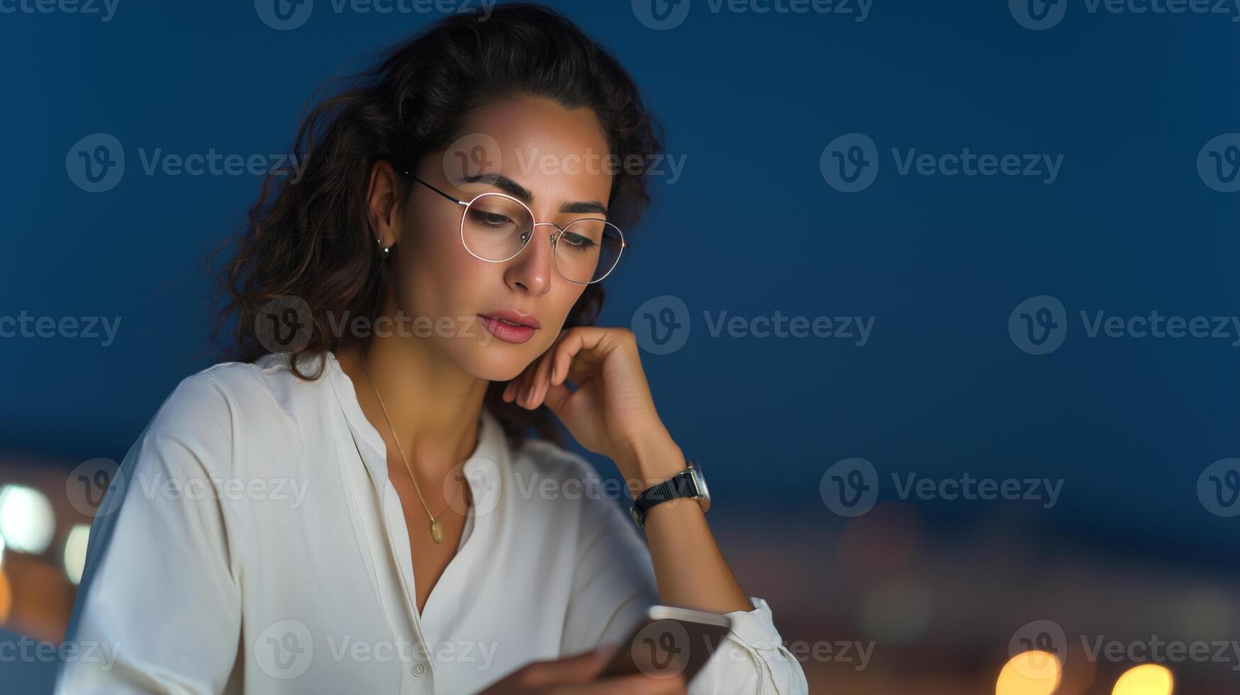 A young woman with curly hair and glasses engages with her smartphone outdoors at night, surrounded by city lights. Her expression reveals concentration. photo