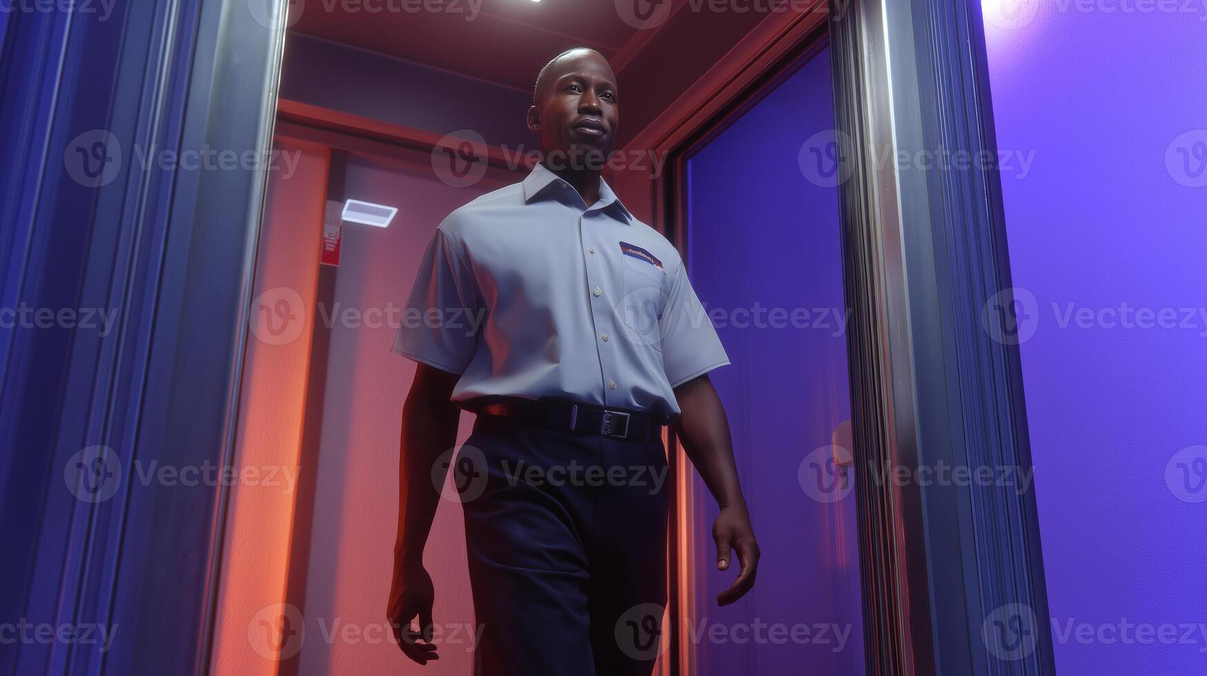 A man in a uniform walks confidently through a corridor illuminated by colorful lights, showcasing a blend of modern design and atmosphere. photo