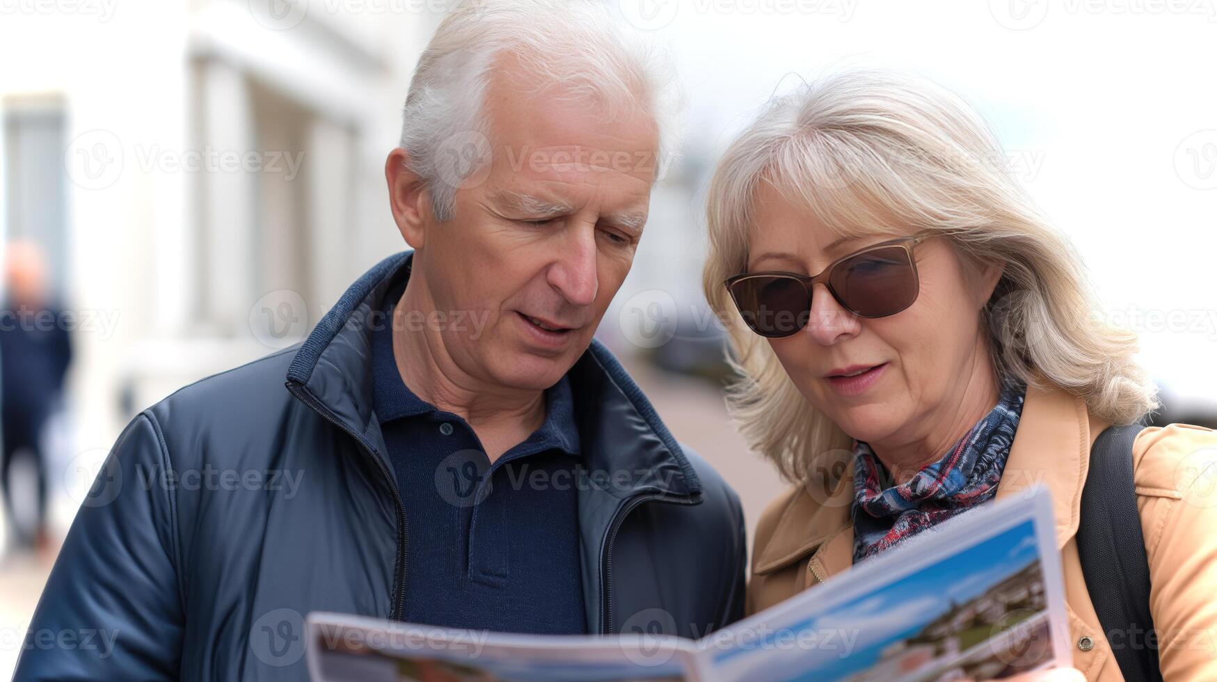 Two tourists, an older man and woman, are standing outdoors in a city, closely examining a travel guide. They seem engaged and curious about their surroundings. photo