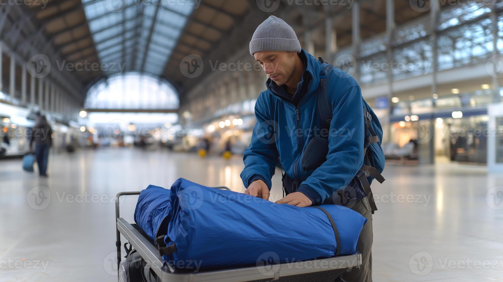 A man dressed in warm clothing organizes his blue gear on a cart at a busy train station early in the morning, surrounded by travelers and bright architecture. photo