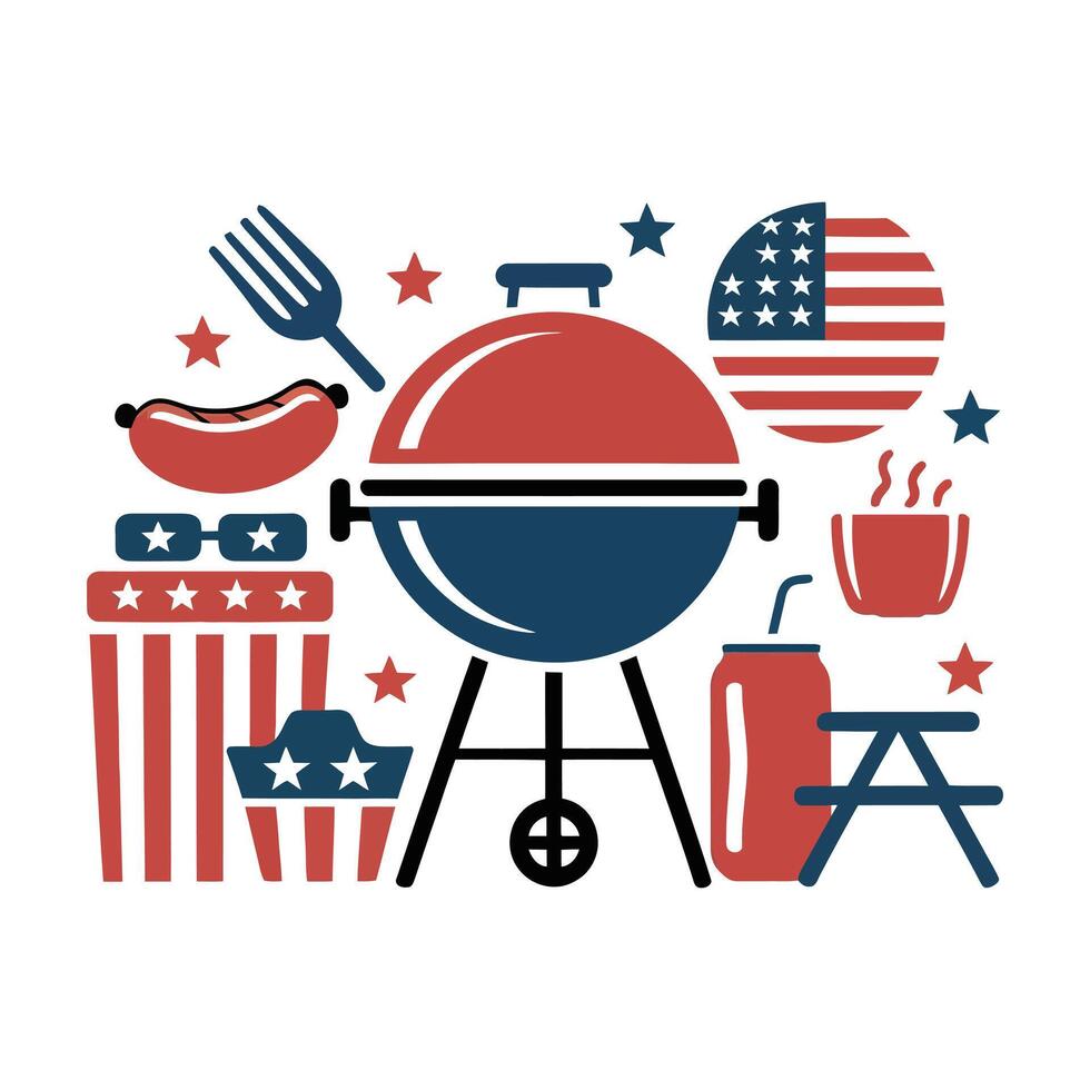 American barbecue celebration with grill hot dog and festive decorations vector
