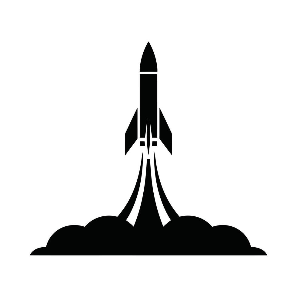 Black silhouette of a rocket launching with smoke trails against a white background vector
