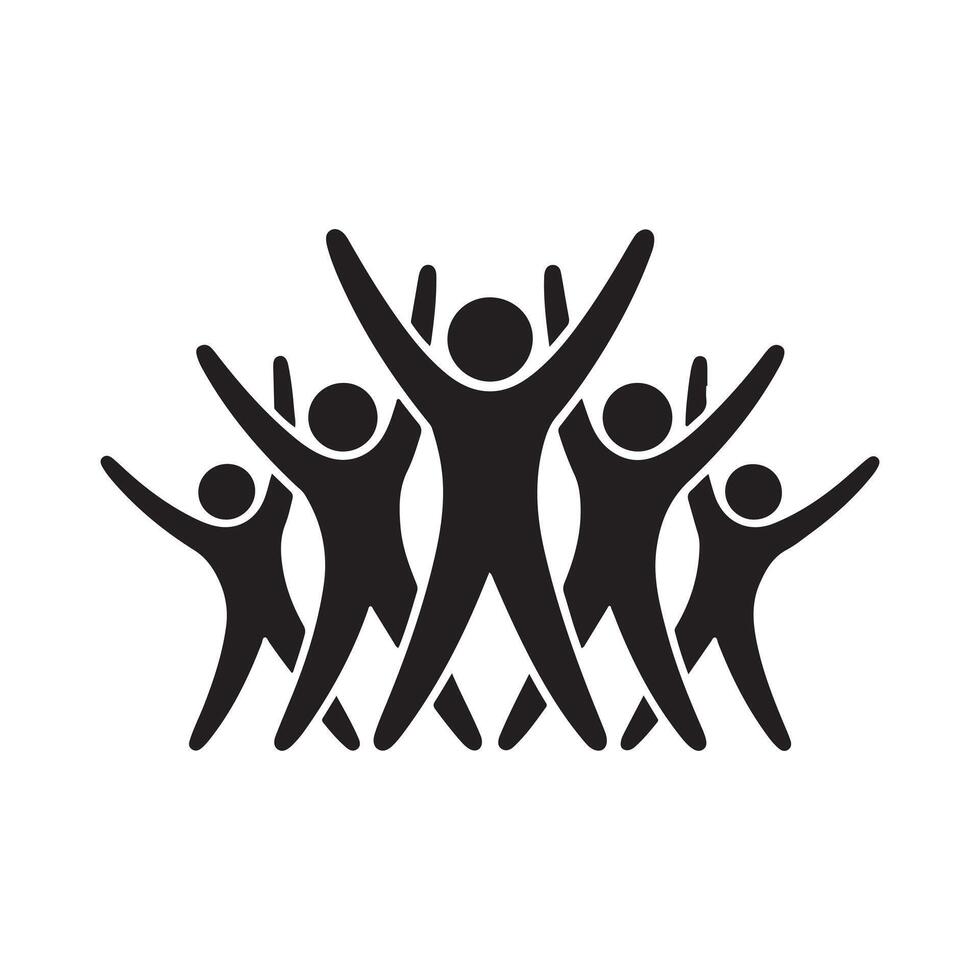 Group of five diverse people celebrating with raised arms silhouette isolated on white background vector