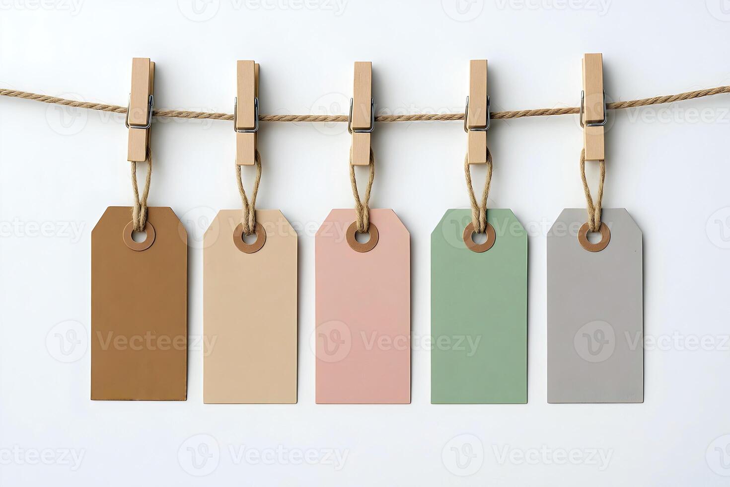 Pastel Paper Tags Hanging on String with Wooden Clothespins, kraft paper, copy space area photo