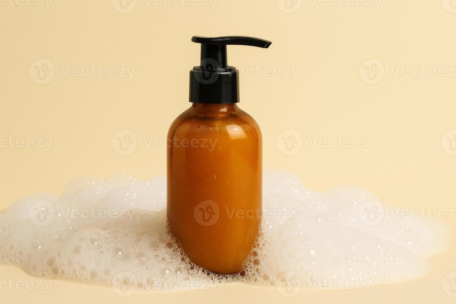 A sleek amber bottle with a black pump sits atop a bed of white foam. Soft beige background, modern skincare product photo