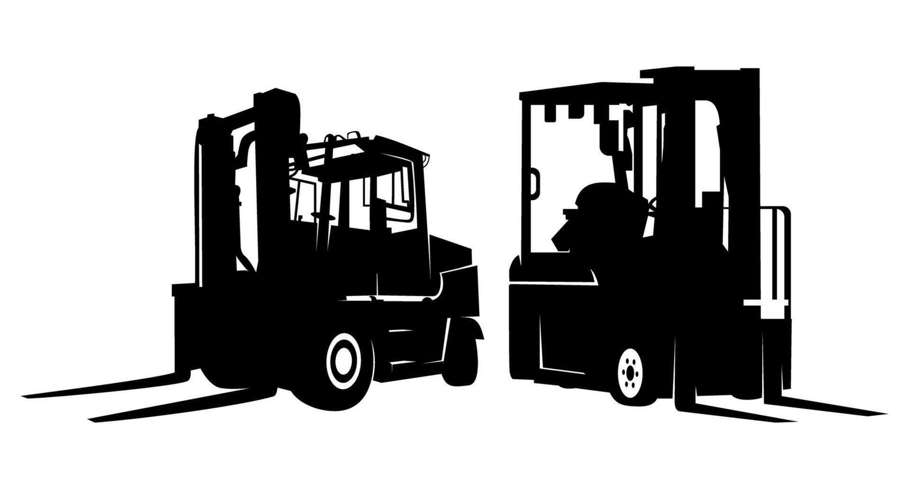 Forklift silhouette side and diagonal view black and white illustration set vector
