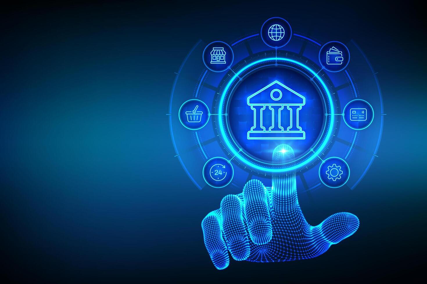 Hand interacting with digital banking interface vector