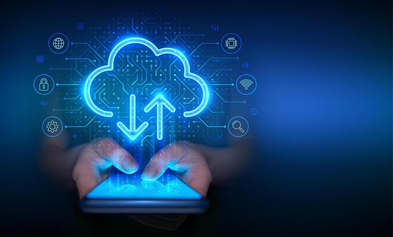 Cloud computing. Mobile cloud access. Cloud service app. Using cloud service mobile application on smartphone. Data sync. Access to cloud services via mobile app on smartphone. illustration. vector