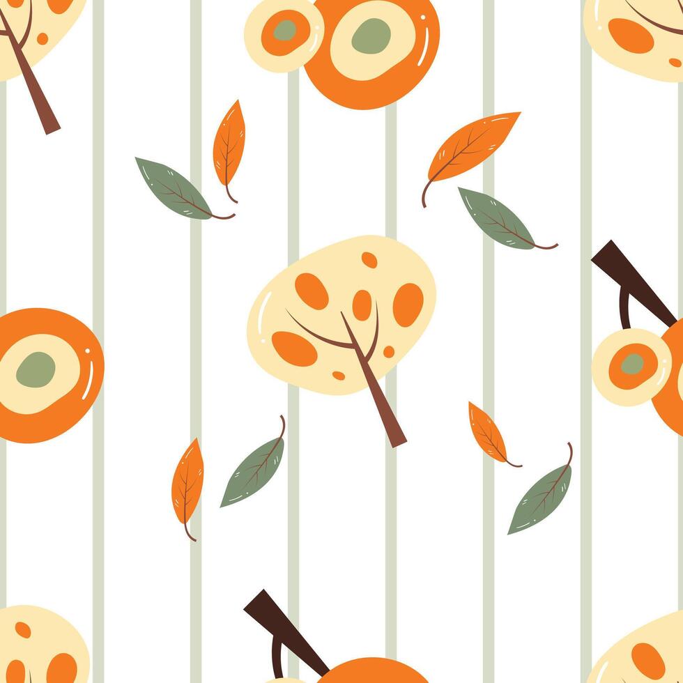 Trees and leaves on a green and white stripe background. Autumn seamless pattern for clothing, fabric, wallpaper, backdrop, home decoration, cover book, and wall art. vector