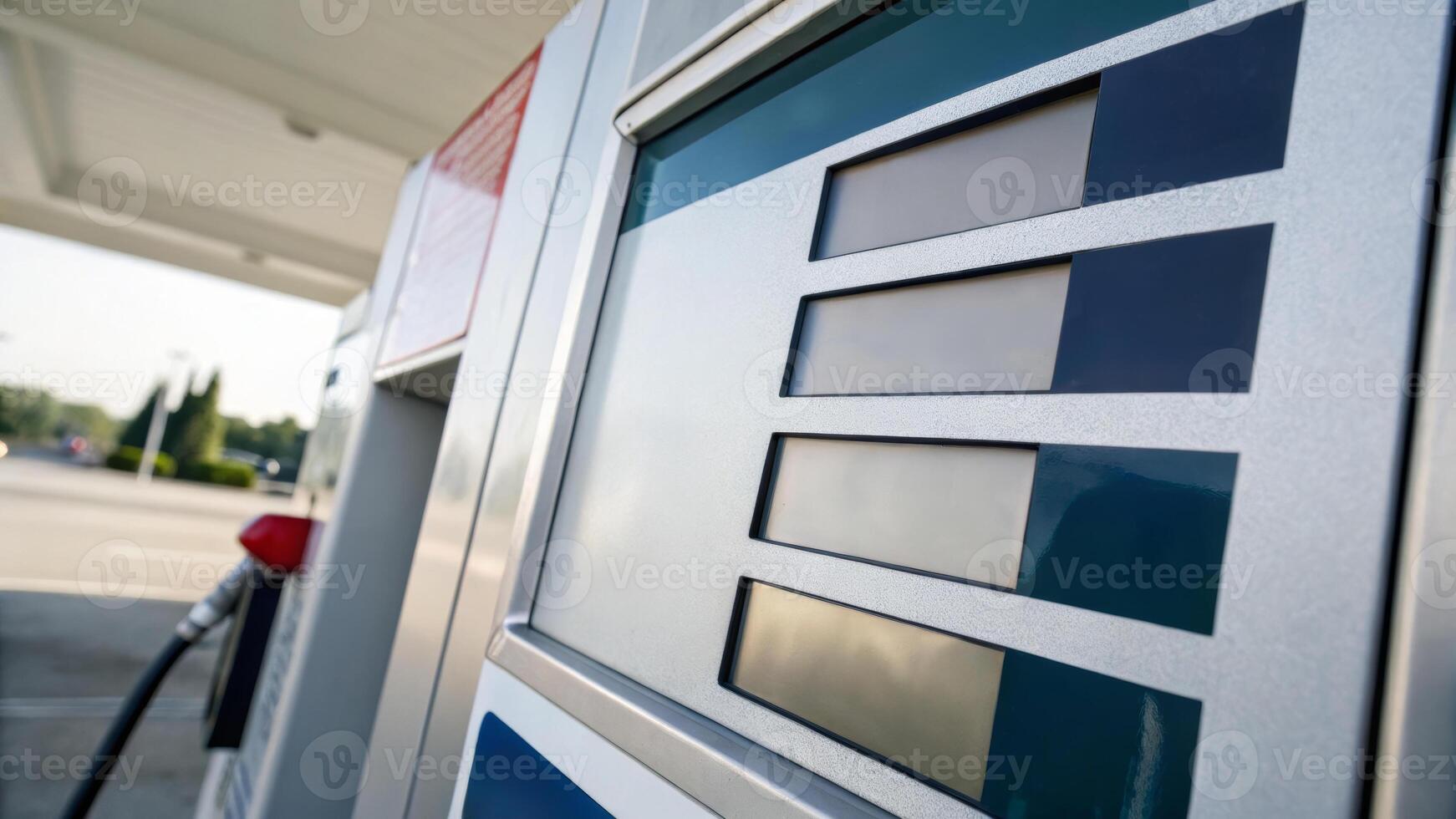 Cost of living increase and inflation. Gasoline pump display with empty price and quantity fields, fuel nozzle inserted, outdoor gas station. Rising prices,financial pressure,economic crisis photo