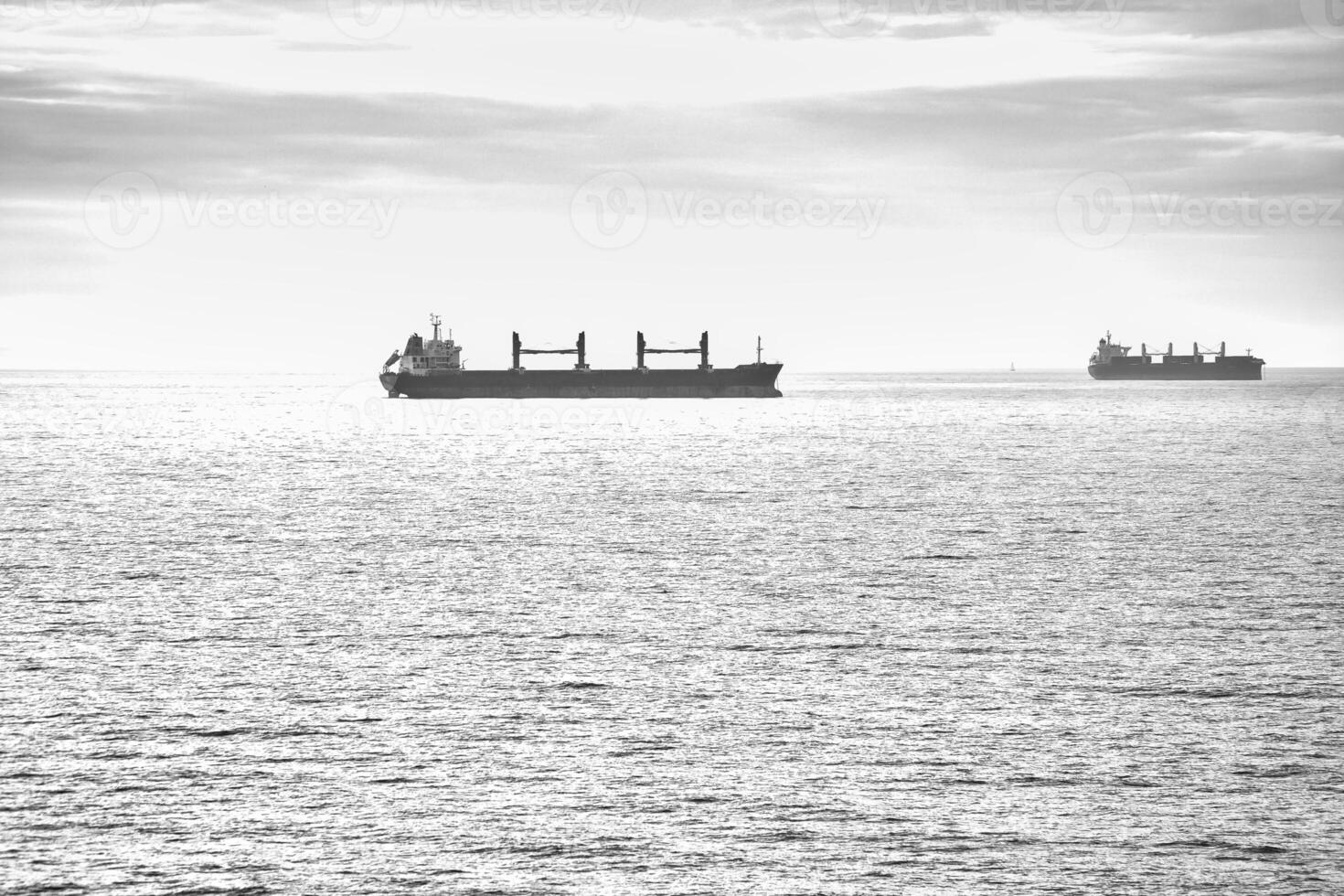 Two cargo ships glide across a calm sea under a clear sky. Minimalist seascape photo