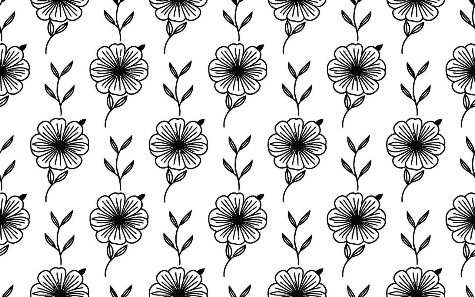 Black and White Floral Pattern with Repeating Flower and Leaf Motifs vector