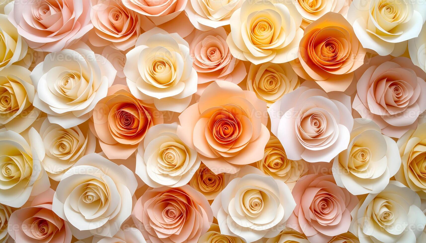 Beautiful background of handmade paper roses in pastel pink, yellow, and peach. Floral wall texture for a wedding, baby shower, or romantic celebration. Abstract papercraft. photo