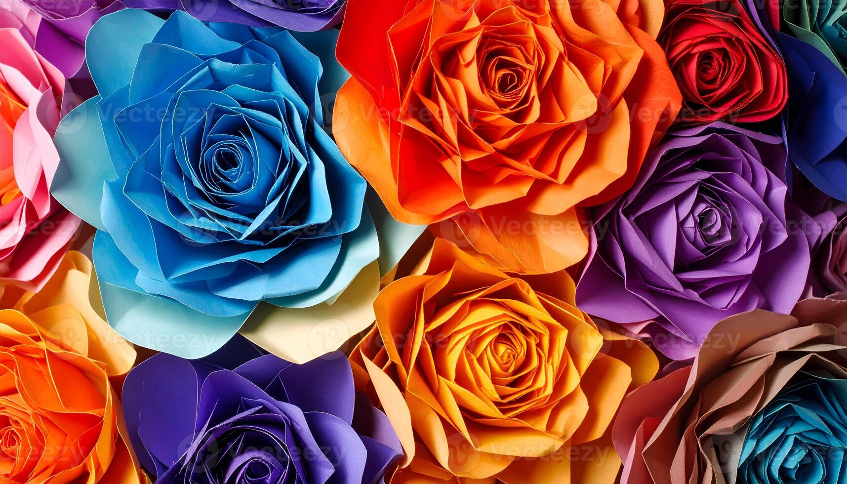Macro shot of handmade paper roses multicolor floral design with folded petals. Abstract craft texture for festive or creative projects. photo