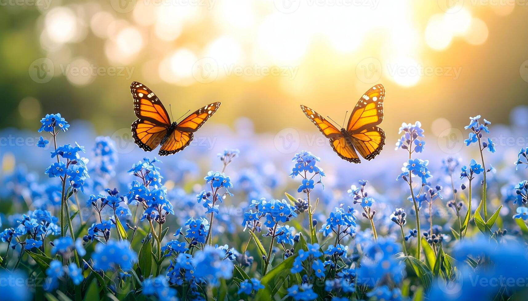 Two beautiful monarch butterflies flying over a field of blue forget-me-not flowers. Magical summer nature background with warm sunlight and bokeh. Concept of freedom and romance. photo