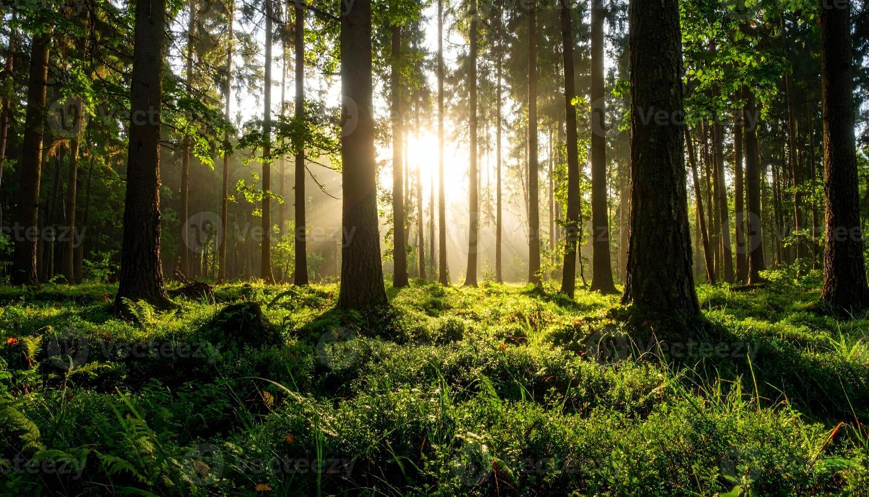Beautiful nature background forest at sunrise. Panorama of a beautiful forest at sunrise photo