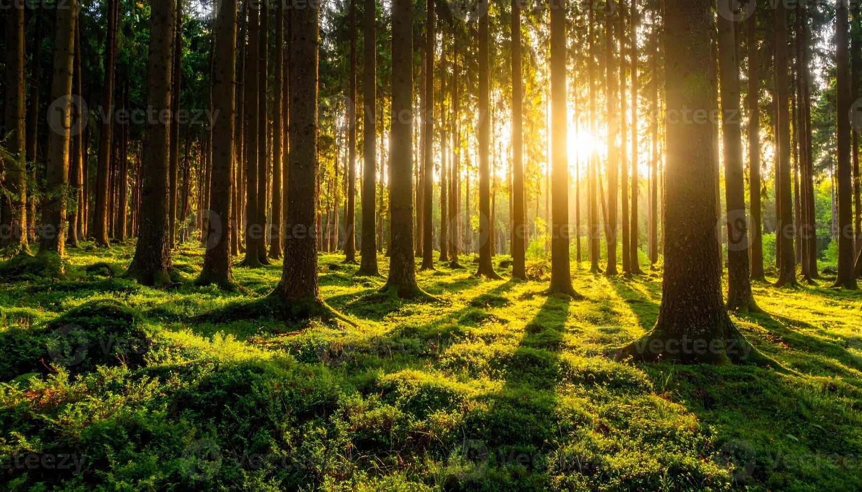 Magical forest landscape with golden sunbeams shining through tall pine trees at sunrise. Peaceful nature background with green moss and long shadows. Concept of hope and serenity. photo