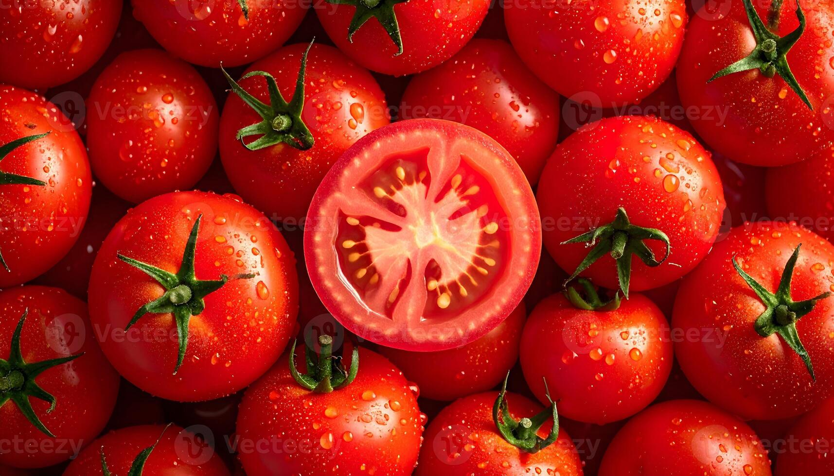 Fresh, ripe red tomatoes with water droplets, one sliced open to reveal the juicy interior. Healthy eating, vegetarian, and farm-fresh produce concept. Vivid food background. photo