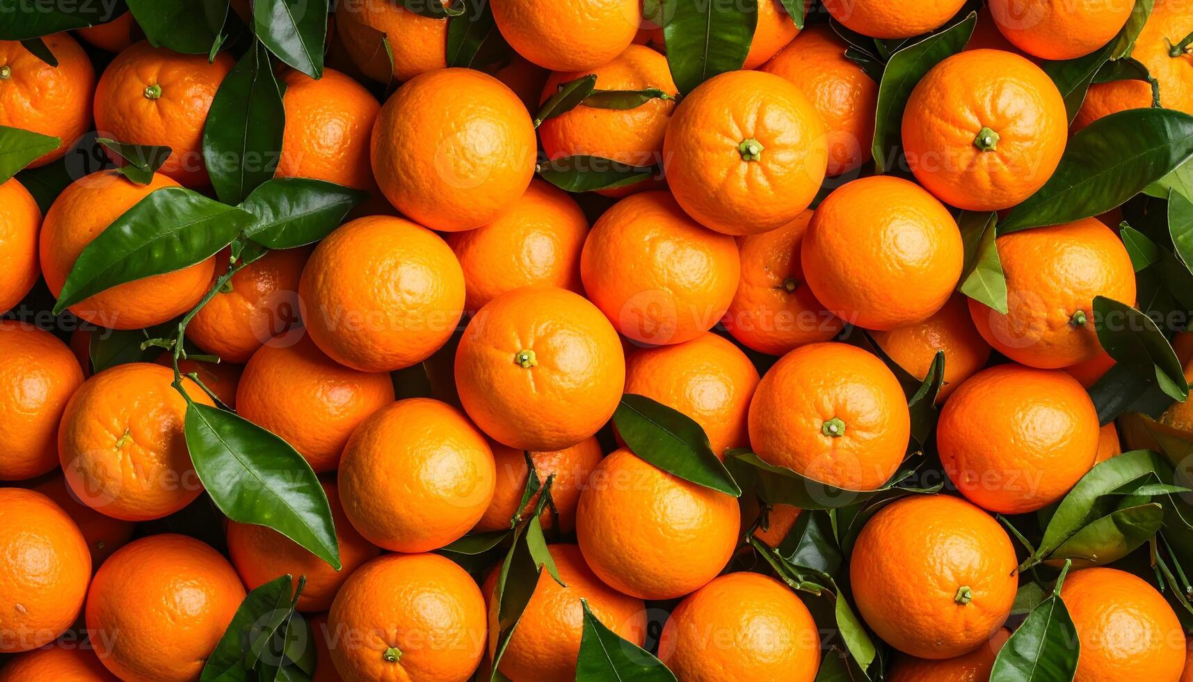 Top view of fresh ripe oranges with green leaves creating a vibrant background. Healthy and organic citrus fruit texture, rich in vitamin C. Perfect for food or summer concepts. photo