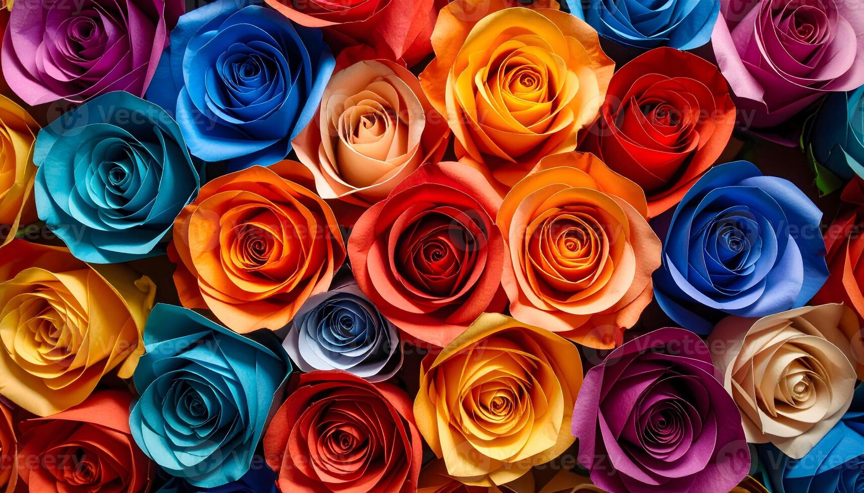Vibrant background of handmade paper roses in bold, multicolor design. Macro of a floral wall with folded paper petals. Abstract craft texture for festive or creative projects. photo