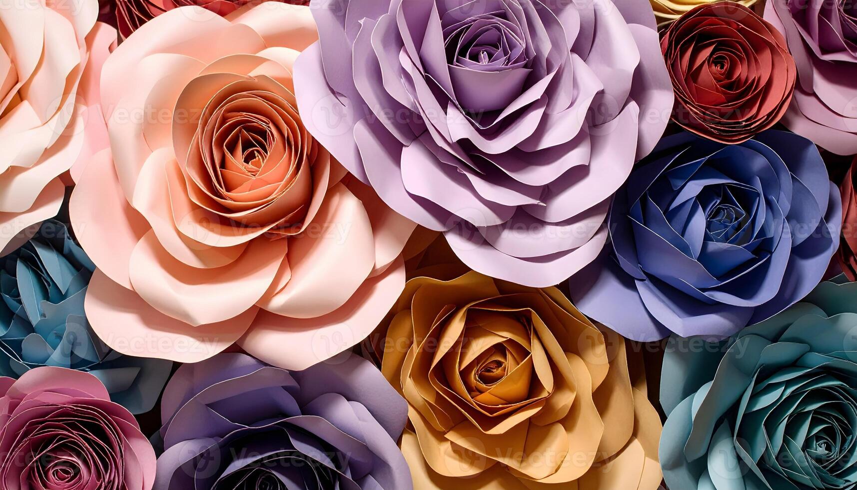 Detailed close up of large handmade paper roses in various soft hues. Elegant floral texture and background with intricate petal folds. Perfect for wedding or delicate designs. photo