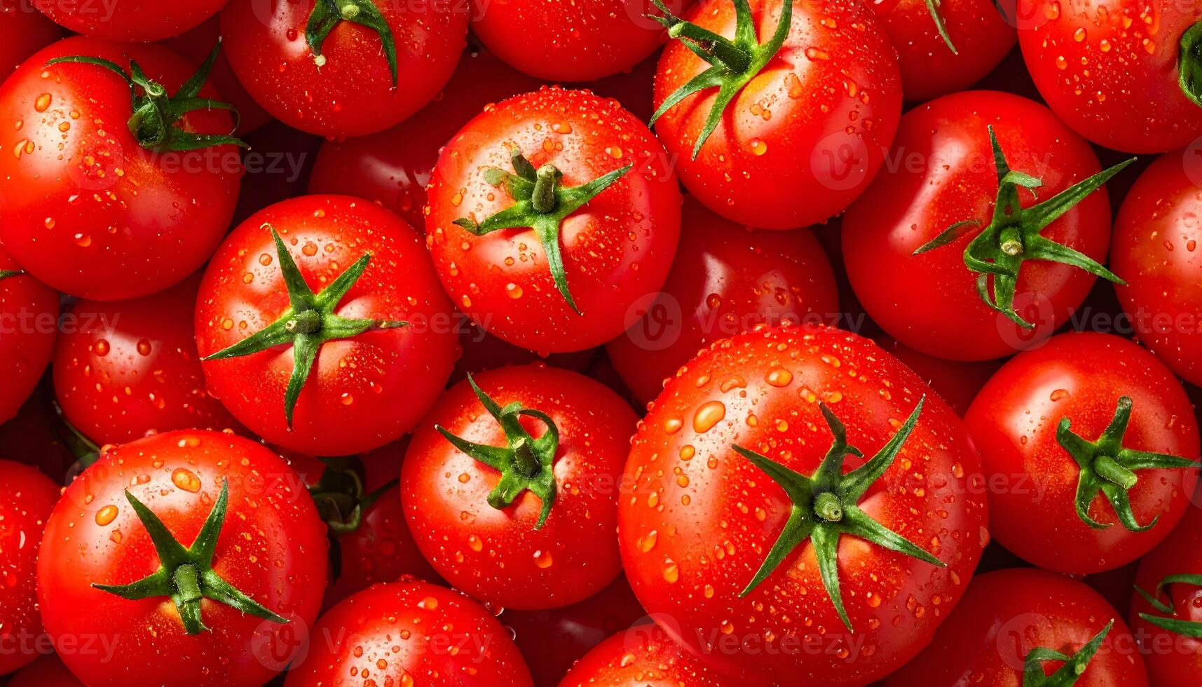 Top view of fresh red tomatoes covered in water droplets. A vibrant background of ripe, juicy vegetables. Concept of organic produce, healthy eating, and summer harvest. photo