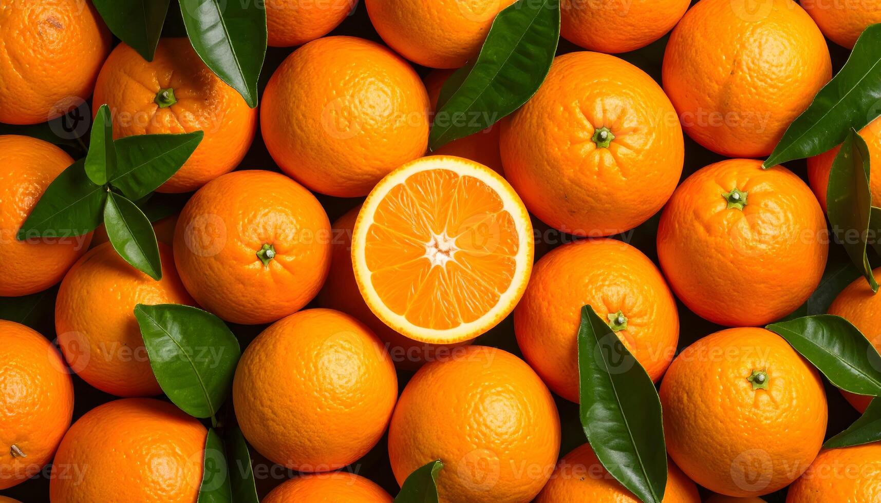 Top view of fresh ripe oranges with green leaves and one sliced orange in the center. A vibrant, healthy citrus fruit background rich in vitamin C. photo