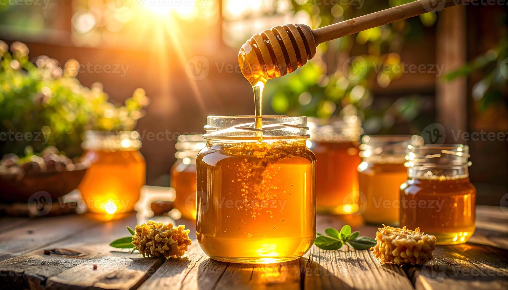 Honey dripping from a wooden dipper photo