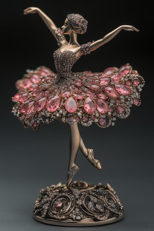Ballerina figurine adorned with sparkling gems creating an exquisite display of elegance and grace, capturing perfect moments of balance and poise in stunning detail photo